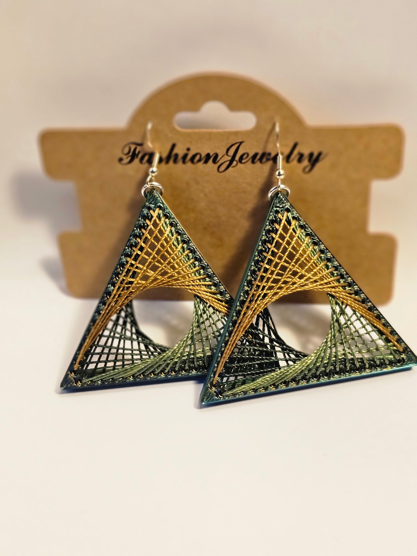 String Art Earrings - Green & Gold