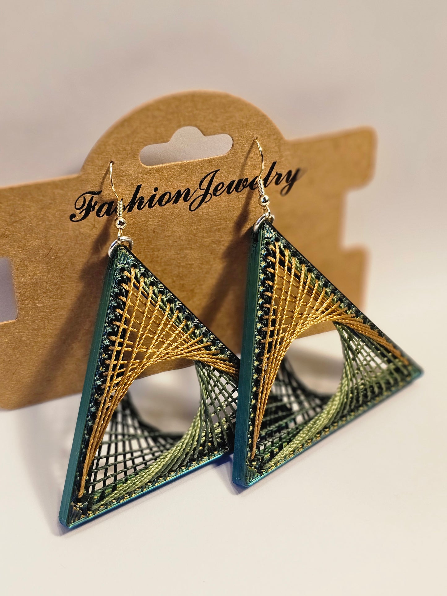 String Art Earrings - Green & Gold