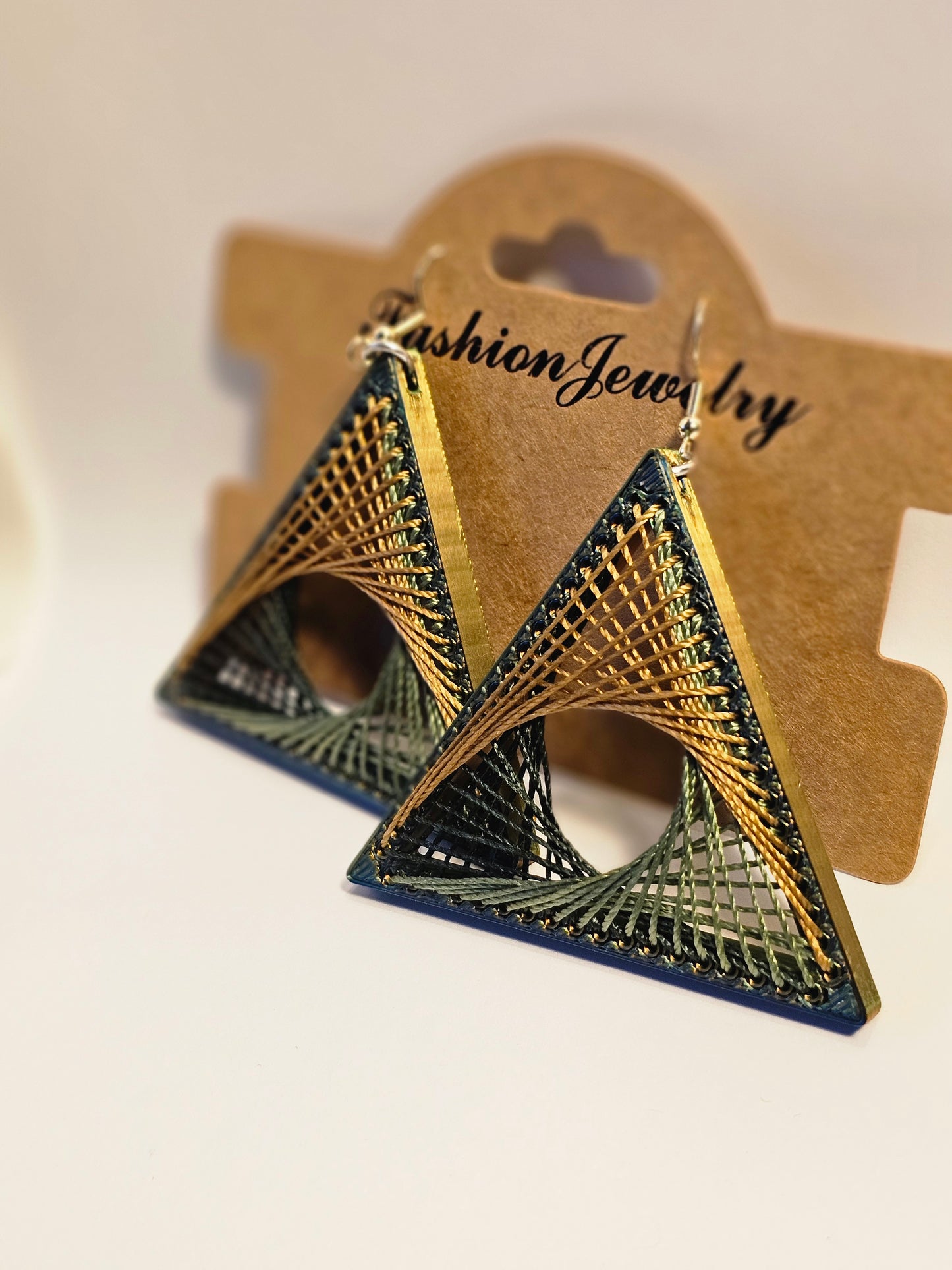 String Art Earrings - Green & Gold