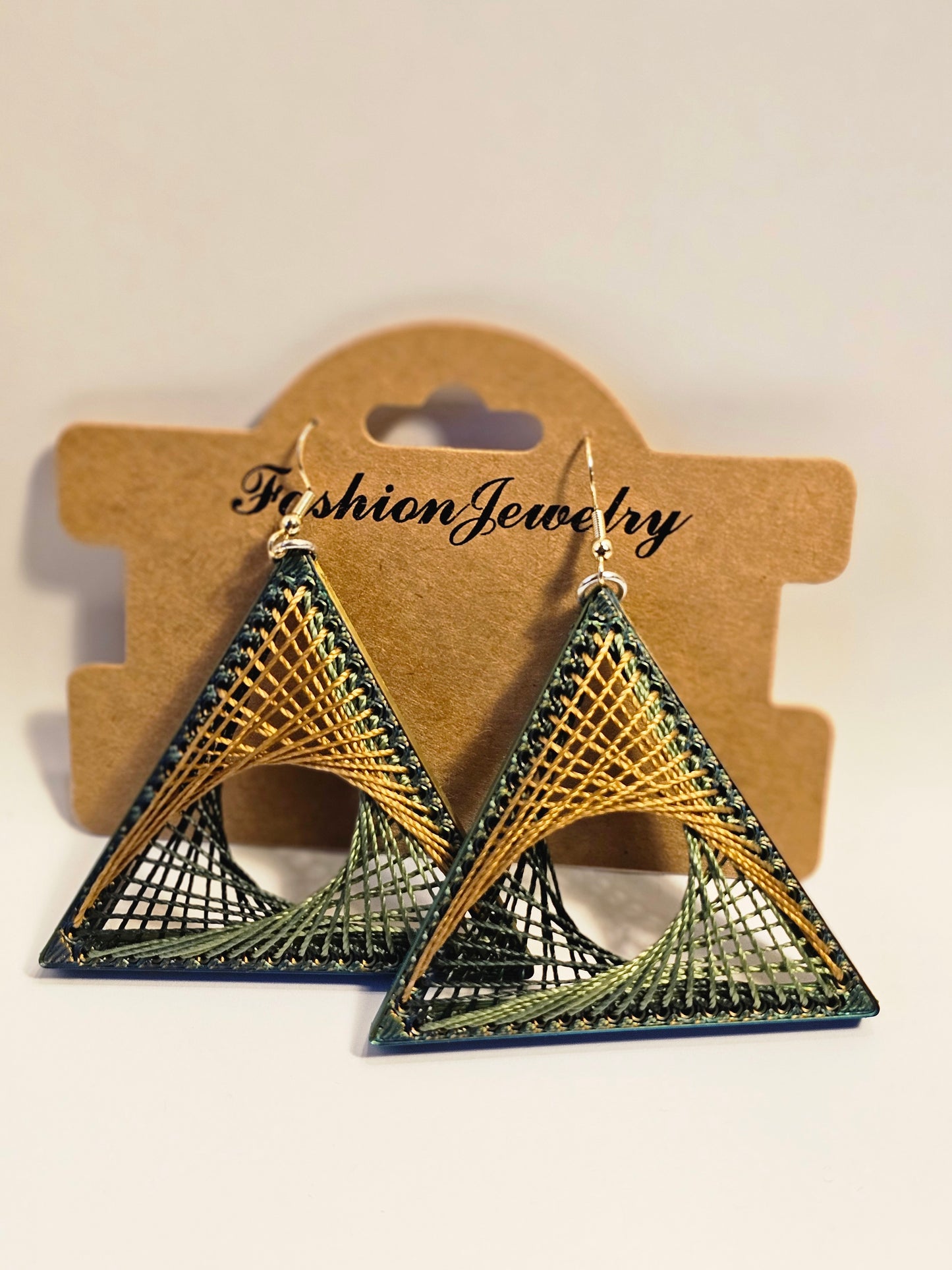 String Art Earrings - Green & Gold